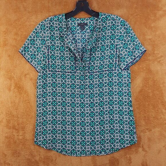 J CREW Womens Top Size 2 Green Pullover 1/2 Button Pocket Mosaic 100% Silk - Picture 1 of 9